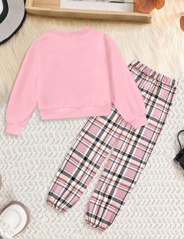Girls Clothes 7-14Y Letter Print Drop Shoulder Pullover Sweatshirt + Plaid Sweatpants Girls' Clothing Sets in Saudi Arabia