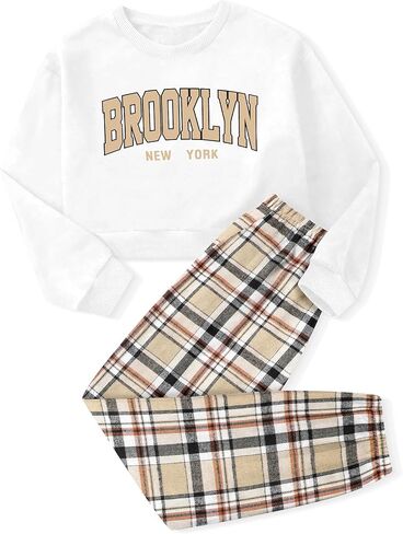 Girls Clothes 7-14Y Letter Print Drop Shoulder Pullover Sweatshirt + Plaid Sweatpants Girls' Clothing Sets in Saudi Arabia