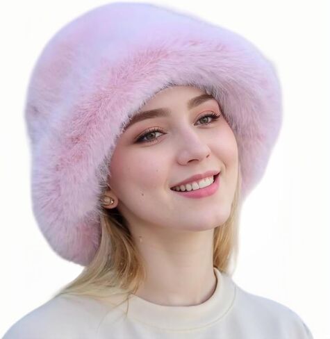 Women's Winter Faux Fur Fuzzy Warm Bucket Hat Furry Fisherman Plush Hats for Women in Saudi Arabia