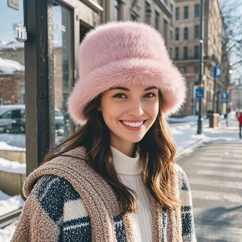 Women's Winter Faux Fur Fuzzy Warm Bucket Hat Furry Fisherman Plush Hats for Women in Saudi Arabia