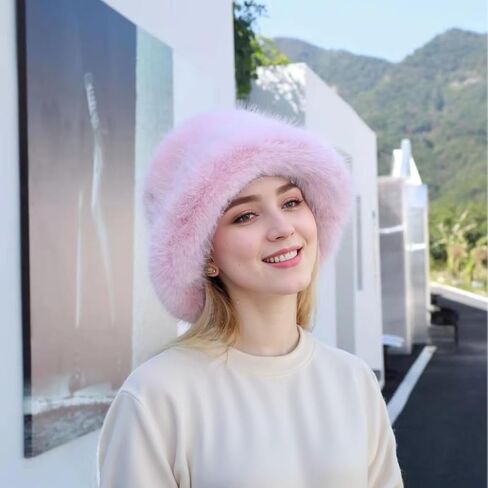 Women's Winter Faux Fur Fuzzy Warm Bucket Hat Furry Fisherman Plush Hats for Women in Saudi Arabia