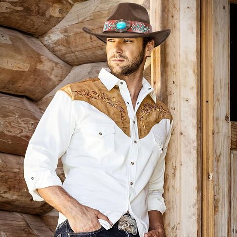 SANSTHS Cowboy Cowgirl Hats for Men Women Suede Hat Wide Brim Felt Hats Western Leather Cowboy Hats for Lover in Saudi Arabia
