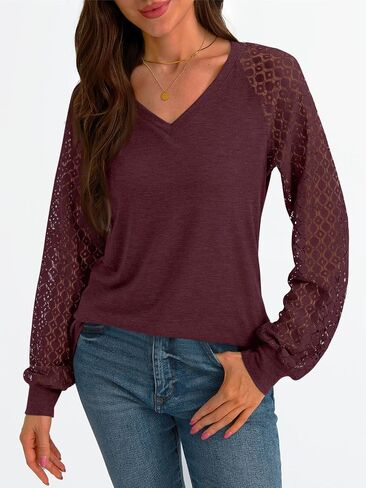 AUTOMET Womens Long Sleeve Shirts V-Neck Lace Tops Business Casual Blouses Trendy 2024 Fall Fashion Outfits Clothes in Saudi Arabia