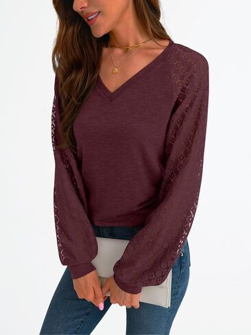 AUTOMET Womens Long Sleeve Shirts V-Neck Lace Tops Business Casual Blouses Trendy 2024 Fall Fashion Outfits Clothes in Saudi Arabia