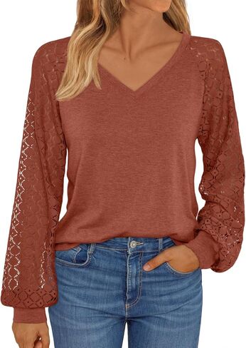 AUTOMET Womens Long Sleeve Shirts V-Neck Lace Tops Business Casual Blouses Trendy 2024 Fall Fashion Outfits Clothes in Saudi Arabia