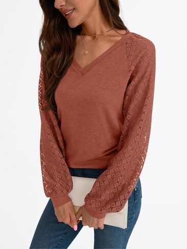 AUTOMET Womens Long Sleeve Shirts V-Neck Lace Tops Business Casual Blouses Trendy 2024 Fall Fashion Outfits Clothes in Saudi Arabia
