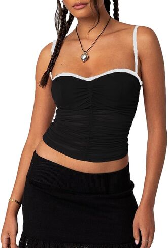 Women Double Layer Mesh Tank Tops Sleeveless Patchwork Strappy Going Out Tops Camisole Y2k Backless Crop Cami Shirts in Saudi Arabia
