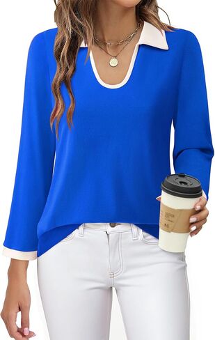 Vivilli Women's 3/4 Sleeve Polo Shirts Colour Block Blouse 2024 Fall Business Casual Tops in Saudi Arabia