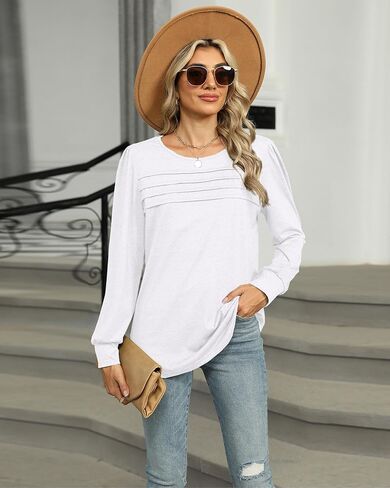 Fashionme Tunic Top For Women Puff Long Sleeve Crewneck Pleated Front T Shirts Dressy Casual Basic Tees in Kuwait