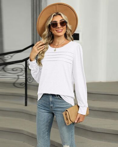 Fashionme Tunic Top For Women Puff Long Sleeve Crewneck Pleated Front T Shirts Dressy Casual Basic Tees in Kuwait