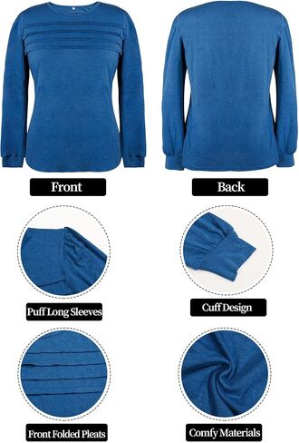 Fashionme Tunic Top For Women Puff Long Sleeve Crewneck Pleated Front T Shirts Dressy Casual Basic Tees in Kuwait