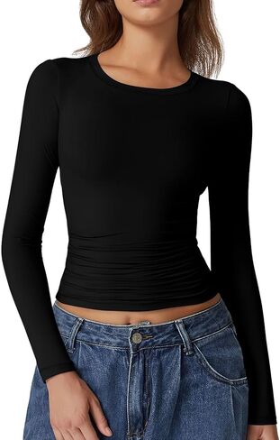 QINSEN Womens Crewneck Long Sleeve Shirt Double Lined Basic Tees Side Ruched Going Out Crop Tops in Kuwait