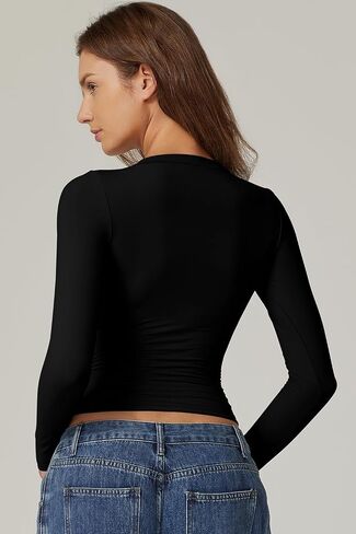 QINSEN Womens Crewneck Long Sleeve Shirt Double Lined Basic Tees Side Ruched Going Out Crop Tops in Kuwait