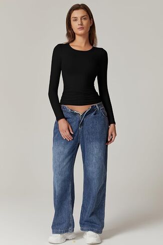 QINSEN Womens Crewneck Long Sleeve Shirt Double Lined Basic Tees Side Ruched Going Out Crop Tops in Kuwait