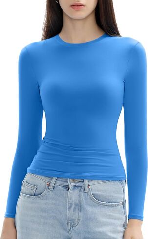 قمصان نسائية طويلة الأكمام بياقة دائرية وقصة ضيقة، قمصان أساسية للخروج، مجموعة Barely There Collection in Kuwait