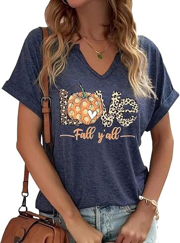 قميص نسائي للخريف والهالوين برقبة على شكل حرف V، تي شيرت مضحك للحفلات العائلية وأكمام قصيرة، تي شيرت برسومات اليقطين لعيد الشكر... in Saudi Arabia