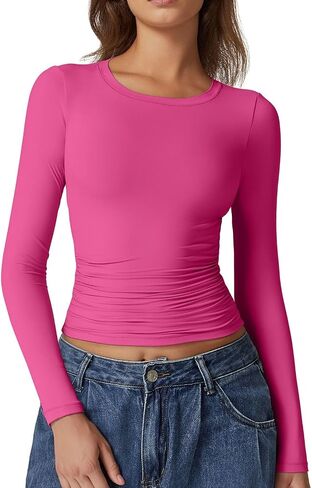 QINSEN Womens Crewneck Long Sleeve Shirt Double Lined Basic Tees Side Ruched Going Out Crop Tops in Kuwait
