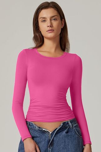QINSEN Womens Crewneck Long Sleeve Shirt Double Lined Basic Tees Side Ruched Going Out Crop Tops in Kuwait