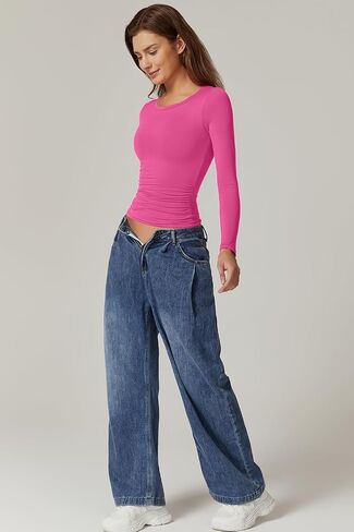 QINSEN Womens Crewneck Long Sleeve Shirt Double Lined Basic Tees Side Ruched Going Out Crop Tops in Kuwait
