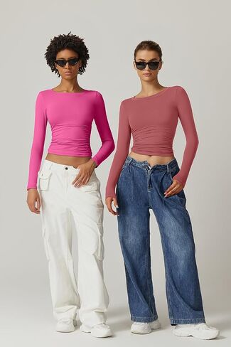 QINSEN Womens Crewneck Long Sleeve Shirt Double Lined Basic Tees Side Ruched Going Out Crop Tops in Kuwait