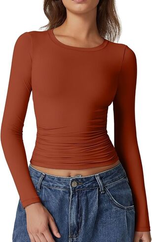 QINSEN Womens Crewneck Long Sleeve Shirt Double Lined Basic Tees Side Ruched Going Out Crop Tops in Kuwait