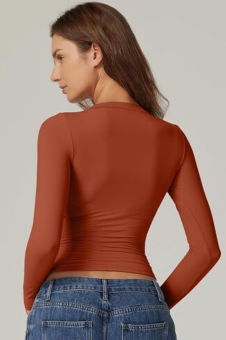 QINSEN Womens Crewneck Long Sleeve Shirt Double Lined Basic Tees Side Ruched Going Out Crop Tops in Kuwait