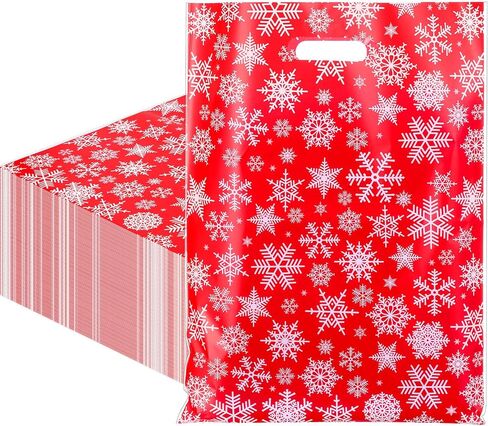 Honoson 300 Pieces Christmas Plastic Gift Bags Bulk 12 x 15 Inch Snowflake Merchandise Bags Xmas Reusable Goodie Treat Bags with Handle for Shopping Boutique Retail Christmas Party Favor Supplies in Kuwait