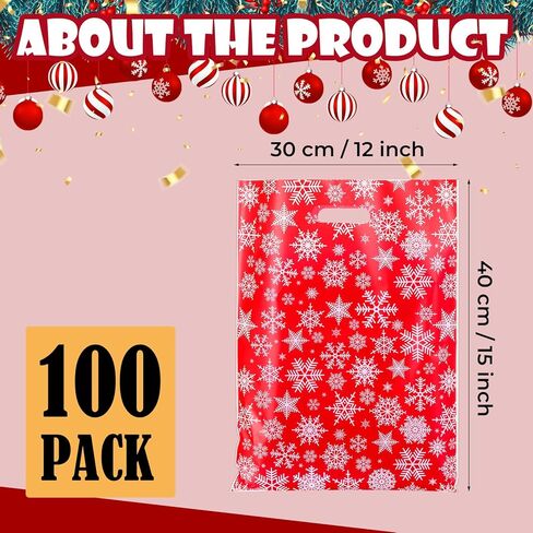 Honoson 300 Pieces Christmas Plastic Gift Bags Bulk 12 x 15 Inch Snowflake Merchandise Bags Xmas Reusable Goodie Treat Bags with Handle for Shopping Boutique Retail Christmas Party Favor Supplies in Kuwait