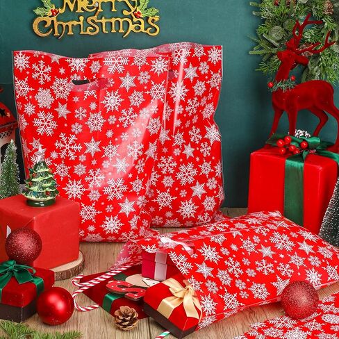 Honoson 300 Pieces Christmas Plastic Gift Bags Bulk 12 x 15 Inch Snowflake Merchandise Bags Xmas Reusable Goodie Treat Bags with Handle for Shopping Boutique Retail Christmas Party Favor Supplies in Kuwait