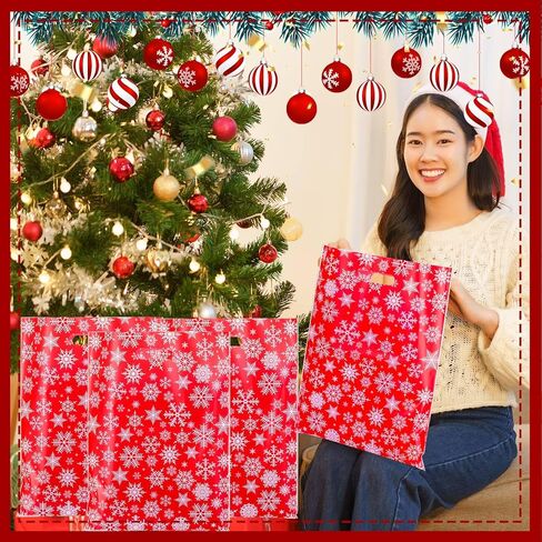 Honoson 300 Pieces Christmas Plastic Gift Bags Bulk 12 x 15 Inch Snowflake Merchandise Bags Xmas Reusable Goodie Treat Bags with Handle for Shopping Boutique Retail Christmas Party Favor Supplies in Kuwait