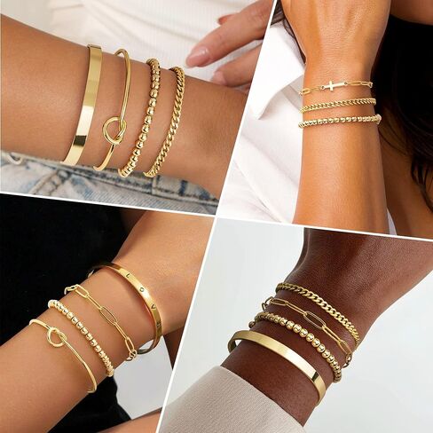 925 Sterling Silver Bracelets for Women Stack, 14K Gold Plated Bangle Cuff Jewelry Set Trendy, Adjustable Tennis Knot Twisted Bracelet for Wrist Essentials Women Fashion Gifts in Kuwait