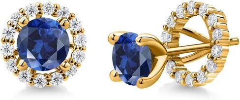 Gem Stone King 18K Yellow Gold Plated Silver 6MM Round Gemstone Birthstone and White Moissanite Removable Jacket Stud Halo Earrings For Women in Saudi Arabia