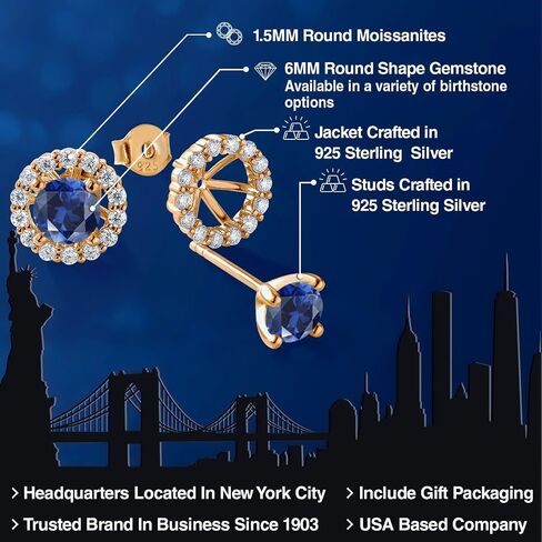 Gem Stone King 18K Yellow Gold Plated Silver 6MM Round Gemstone Birthstone and White Moissanite Removable Jacket Stud Halo Earrings For Women in Saudi Arabia