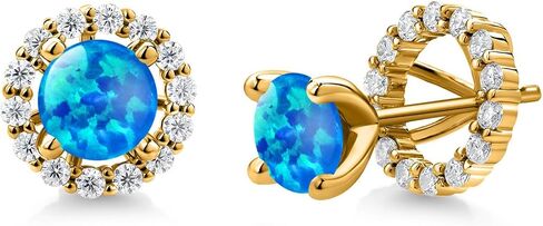 Gem Stone King 18K Yellow Gold Plated Silver 6MM Round Gemstone Birthstone and White Moissanite Removable Jacket Stud Halo Earrings For Women in Saudi Arabia