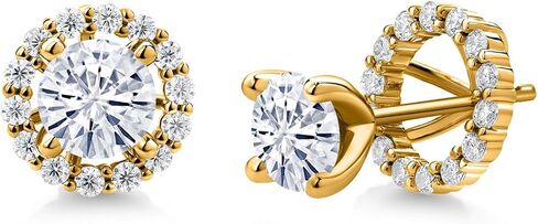 Gem Stone King 18K Yellow Gold Plated Silver 6MM Round Gemstone Birthstone and White Moissanite Removable Jacket Stud Halo Earrings For Women in Saudi Arabia