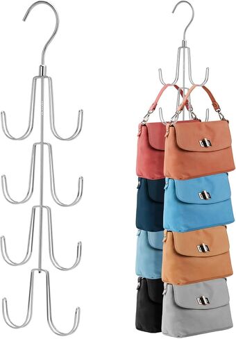 ZEDODIER Purse Hanger Organizer for Closet, 2 Pack Rotatable Hanging Bag Holder, 8 Storage Capacity, Keeping Purses Visible and in Good Condition, Metal Handbag Storage Hook Rack Space Saver, Silver in Kuwait