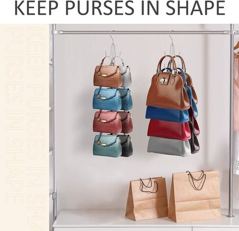 ZEDODIER Purse Hanger Organizer for Closet, 2 Pack Rotatable Hanging Bag Holder, 8 Storage Capacity, Keeping Purses Visible and in Good Condition, Metal Handbag Storage Hook Rack Space Saver, Silver in Kuwait