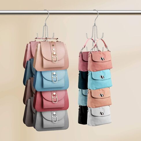 ZEDODIER Purse Hanger Organizer for Closet, 2 Pack Rotatable Hanging Bag Holder, 8 Storage Capacity, Keeping Purses Visible and in Good Condition, Metal Handbag Storage Hook Rack Space Saver, Silver in Kuwait