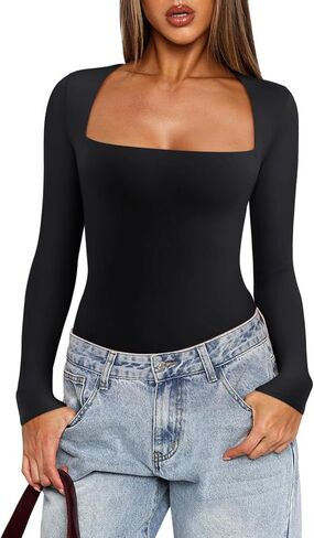 REORIA Women's Basic Lightweight Layering Sexy Slim Square Neck Long Sleeve Bodysuit Tops in Saudi Arabia