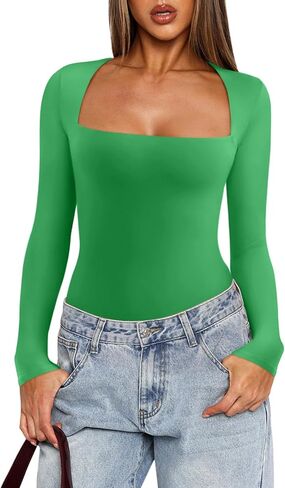 REORIA Women's Basic Lightweight Layering Sexy Slim Square Neck Long Sleeve Bodysuit Tops in Saudi Arabia