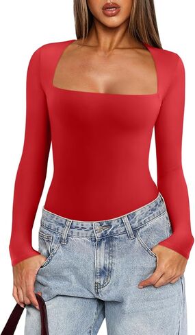 REORIA Women's Basic Lightweight Layering Sexy Slim Square Neck Long Sleeve Bodysuit Tops in Saudi Arabia