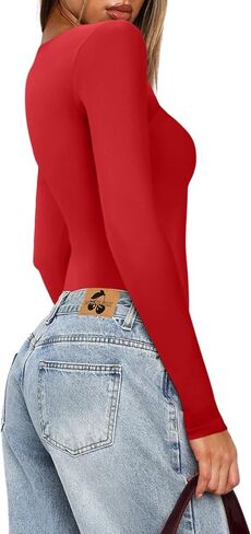 REORIA Women's Basic Lightweight Layering Sexy Slim Square Neck Long Sleeve Bodysuit Tops in Saudi Arabia