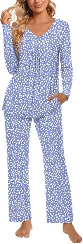 Aodemo Women's Fall 2 Piece Pajama Sets, Long Sleeve Pleated Lounge Outfits Sleepwear Ladies Pjs Set with Pockets in Kuwait