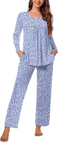 Aodemo Women's Fall 2 Piece Pajama Sets, Long Sleeve Pleated Lounge Outfits Sleepwear Ladies Pjs Set with Pockets in Kuwait