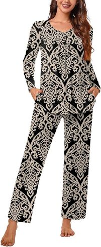 Aodemo Women's Fall 2 Piece Pajama Sets, Long Sleeve Pleated Lounge Outfits Sleepwear Ladies Pjs Set with Pockets in Saudi Arabia