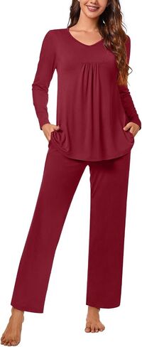 Aodemo Women's Fall 2 Piece Pajama Sets, Long Sleeve Pleated Lounge Outfits Sleepwear Ladies Pjs Set with Pockets in Saudi Arabia