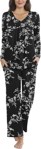 Aodemo Women's Fall 2 Piece Pajama Sets, Long Sleeve Pleated Lounge Outfits Sleepwear Ladies Pjs Set with Pockets in Saudi Arabia