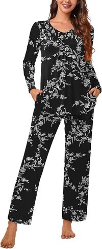 Aodemo Women's Fall 2 Piece Pajama Sets, Long Sleeve Pleated Lounge Outfits Sleepwear Ladies Pjs Set with Pockets in Saudi Arabia