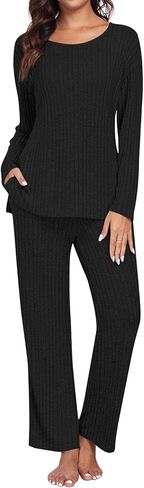 TAOHUADAO 2024 Womens 2 Piece Pajamas Set Ribbed Knit Lounge Sets Long Sleeve Tops and Pants Casual Sleepwear with Pockets in Kuwait