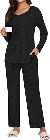 TAOHUADAO 2024 Womens 2 Piece Pajamas Set Ribbed Knit Lounge Sets Long Sleeve Tops and Pants Casual Sleepwear with Pockets in Kuwait
